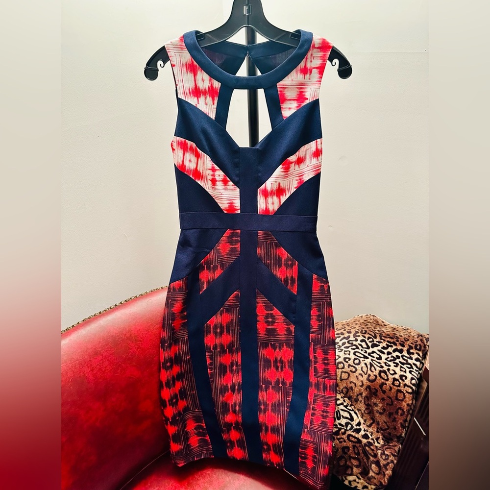 BCBGMAXAZRIA Averie Red, White and Blue Fitted Sleeveless Sheath Dress, Size 2